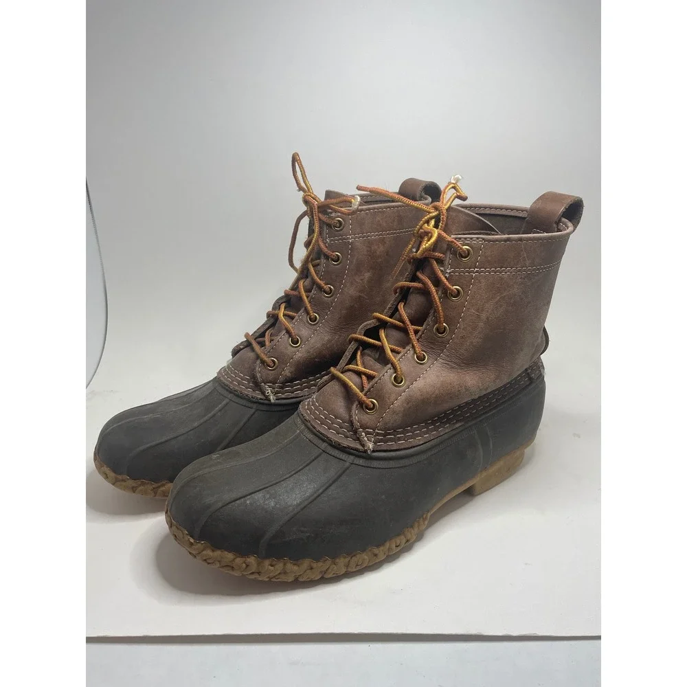 LL Bean Mens Duck Boots 9 Wide Brown Leather Rubber Waterproof USA Code Distress